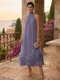 Chiffon Shift Dresses High Neck Tea-Length Cocktail Dresses with Bubble Hem