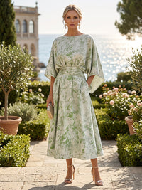 Jacquard A-Line/Princess Scoop Neck Tea-Length Cocktail Dresses with Ruched Waist & Pockets