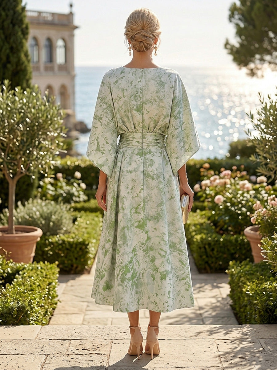 Jacquard A-Line/Princess Scoop Neck Tea-Length Cocktail Dresses with Ruched Waist & Pockets