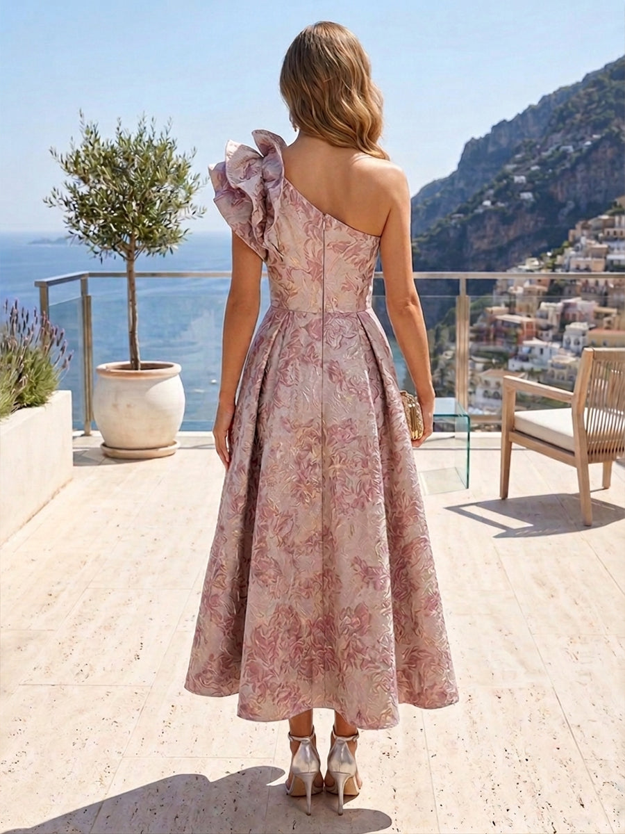 Jacquard A-Line/Princess One Shoulder Tea-Length Cocktail Dresses with Pleats & Pockets
