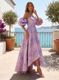Jacquard A-Line/Princess Off Shoulder High-Low Cocktail Dresses with Pleats