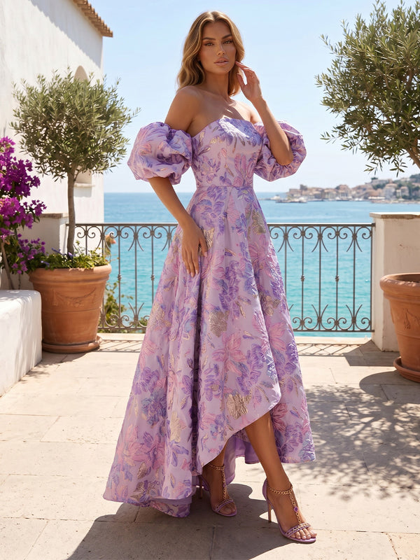 Jacquard A-Line/Princess Off Shoulder High-Low Cocktail Dresses with Pleats