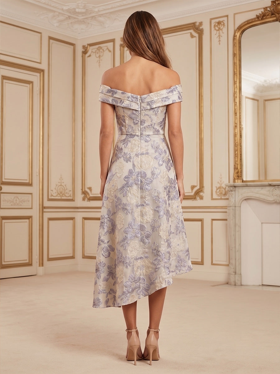 Jacquard A-Line/Princess Off Shoulder Tea-Length Cocktail Dresses with Ruched Waist