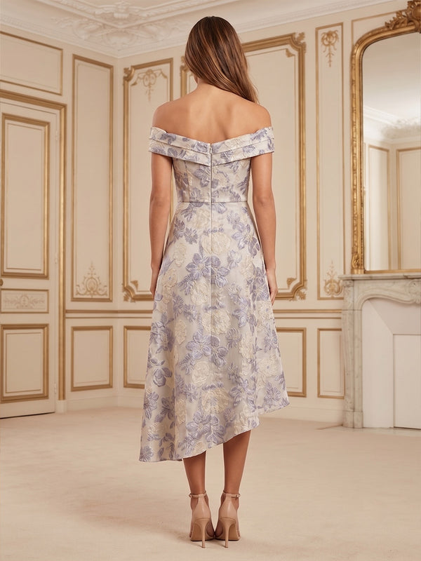 Jacquard A-Line/Princess Off Shoulder Tea-Length Cocktail Dresses with Ruched Waist