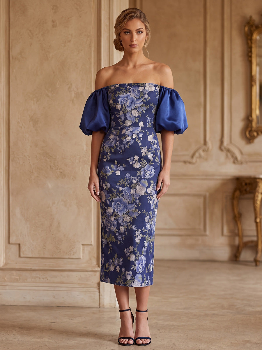Floral Print Sheath/Column Off Shoulder Tea-Length Cocktail Dresses for Women