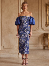 Floral Print Sheath/Column Off Shoulder Tea-Length Cocktail Dresses for Women
