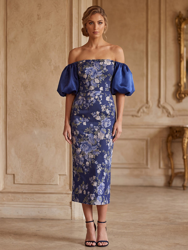 Floral Print Sheath/Column Off Shoulder Tea-Length Cocktail Dresses for Women