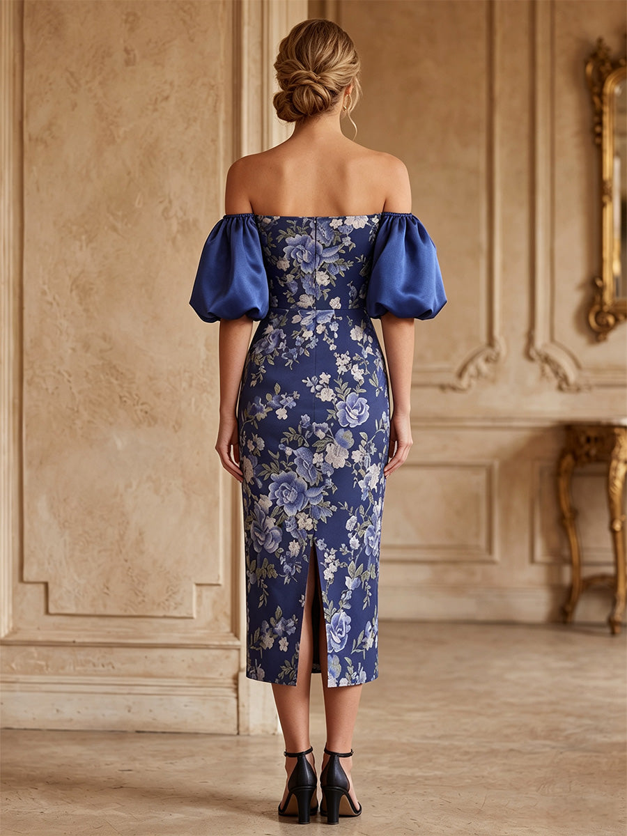 Floral Print Sheath/Column Off Shoulder Tea-Length Cocktail Dresses for Women