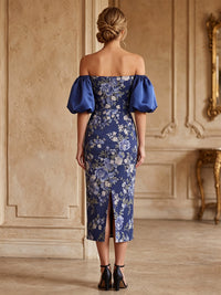 Floral Print Sheath/Column Off Shoulder Tea-Length Cocktail Dresses for Women