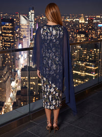 Sequin Floral Sheath/Column Scoop Neck Tea-Length Cocktail Dresses with Chiffon Cape