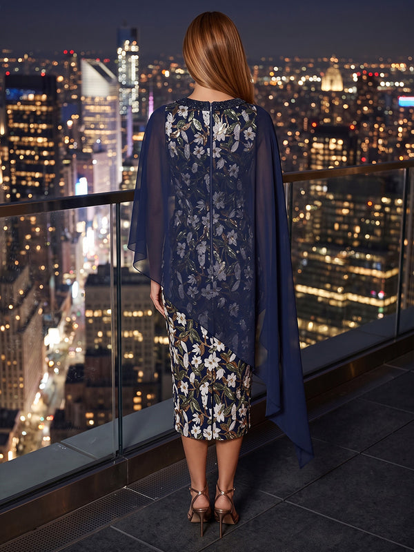 Sequin Floral Sheath/Column Scoop Neck Tea-Length Cocktail Dresses with Chiffon Cape