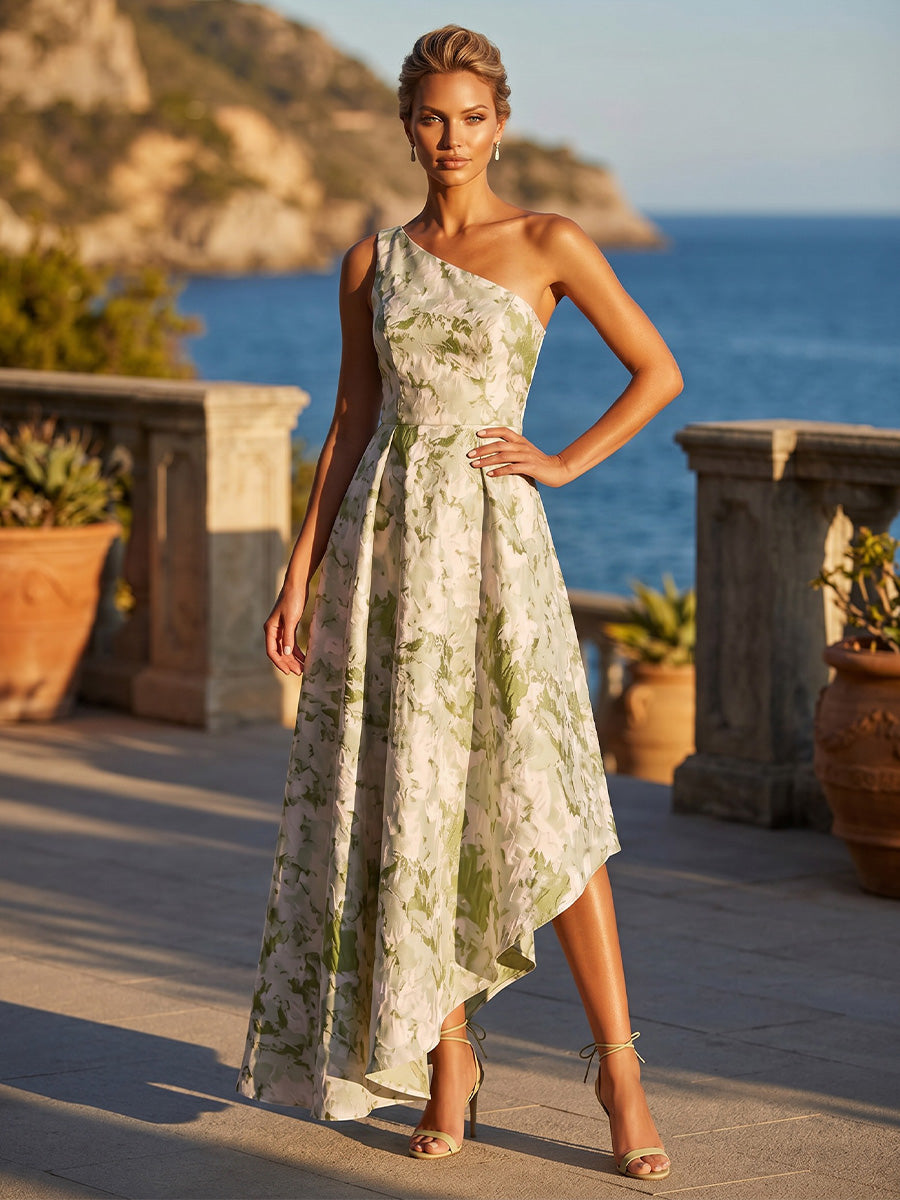 Jacquard A-Line/Princess One Shoulder Tea-Length Cocktail Dresses with Pleats