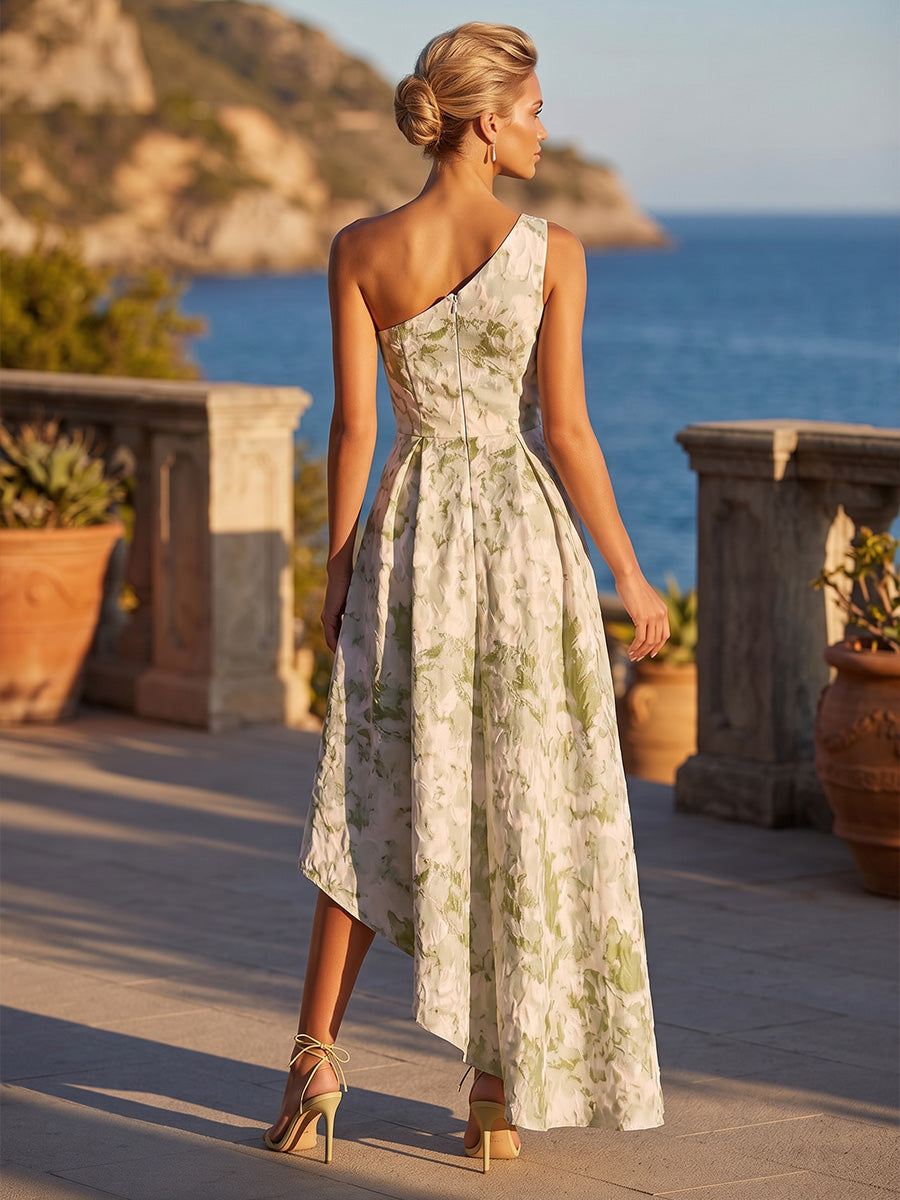 Jacquard A-Line/Princess One Shoulder Tea-Length Cocktail Dresses with Pleats