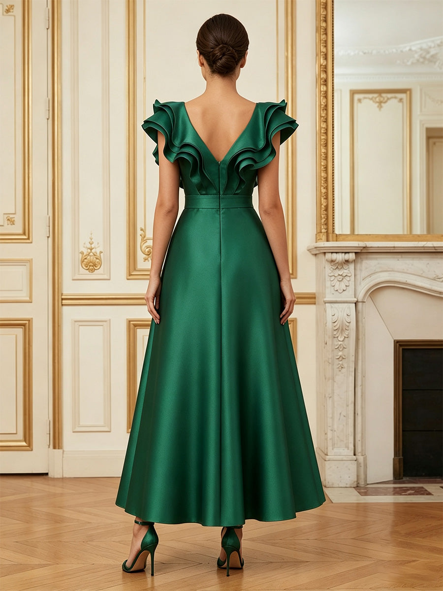 Satin A-Line/Princess V-Neck Tea-Length Cocktail Dresses with Ruffles & Pleats