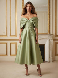 Satin A-Line/Princess Off Shoulder Tea-Length Cocktail Dresses with 3D Flowers & Pleats