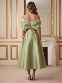 Satin A-Line/Princess Off Shoulder Tea-Length Cocktail Dresses with 3D Flowers & Pleats