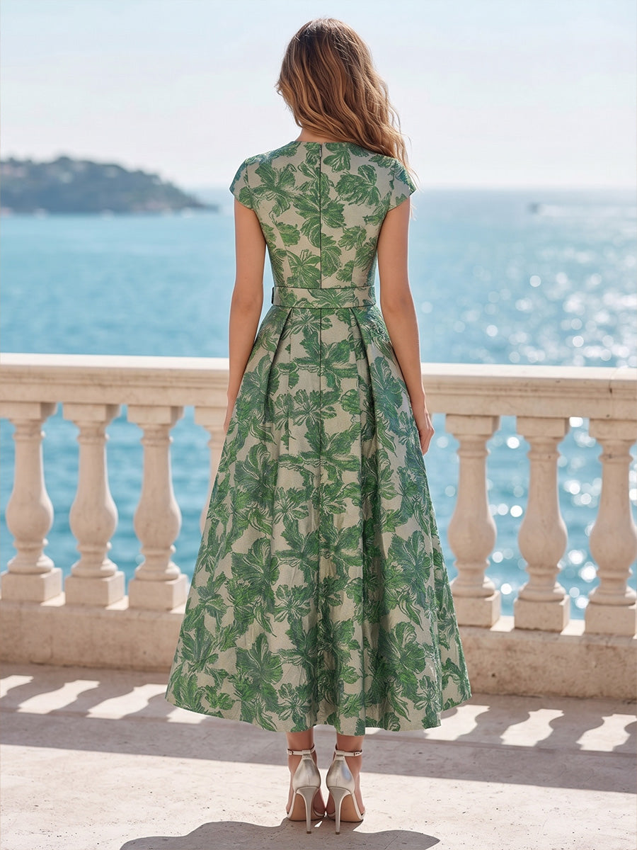 Jacquard A-Line/Princess V-Neck Tea-Length Cocktail Dresses with Pleats & Belt