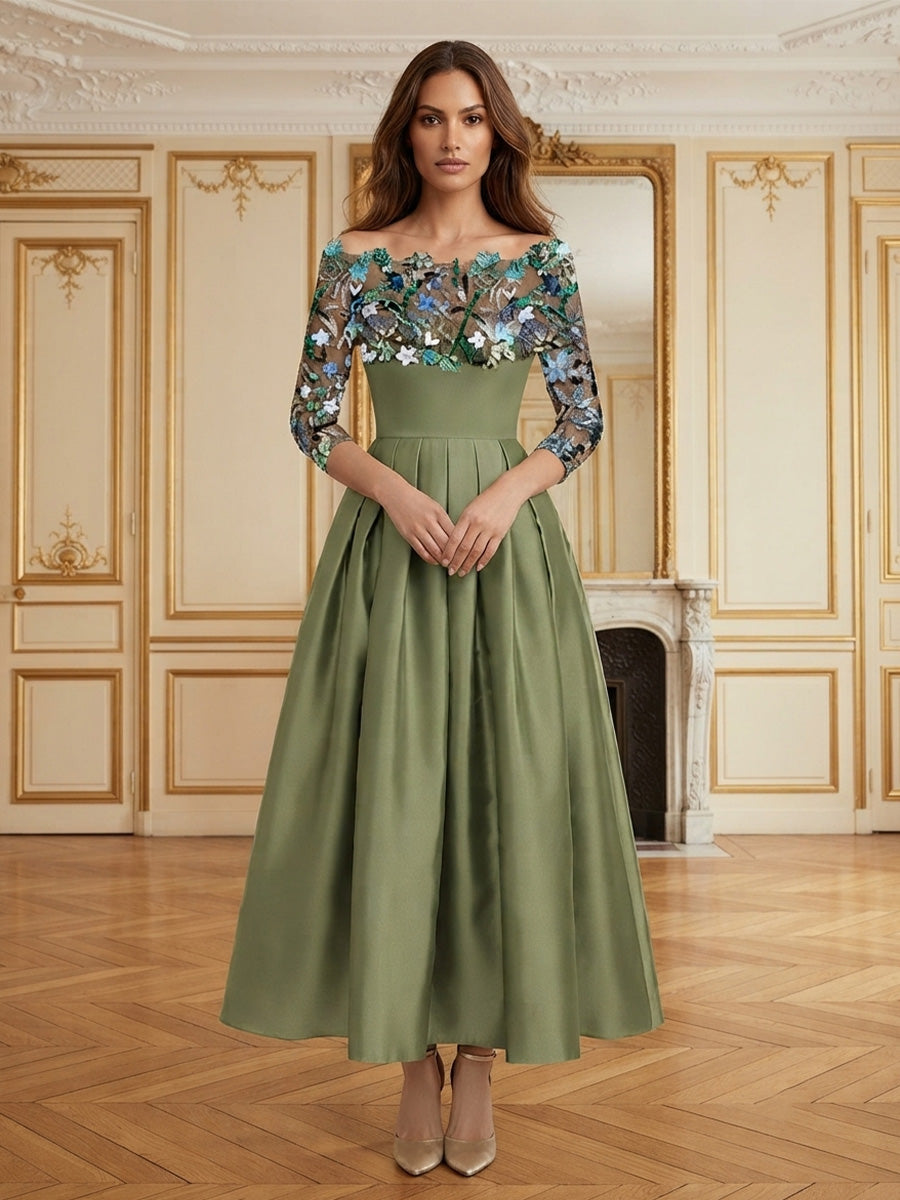 Satin A-Line/Princess Off Shoulder Tea-Length Cocktail Dresses with Floral Embroidery & Pleats
