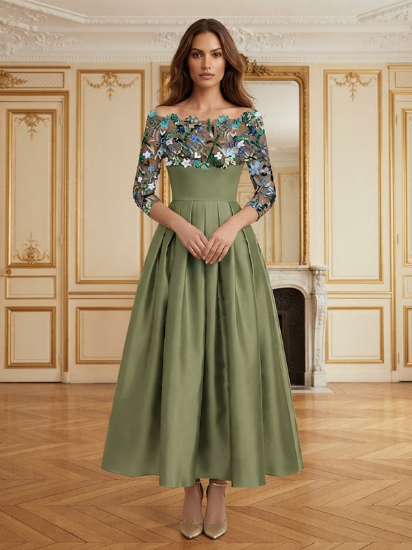 Satin A-Line/Princess Off Shoulder Tea-Length Cocktail Dresses with Floral Embroidery & Pleats