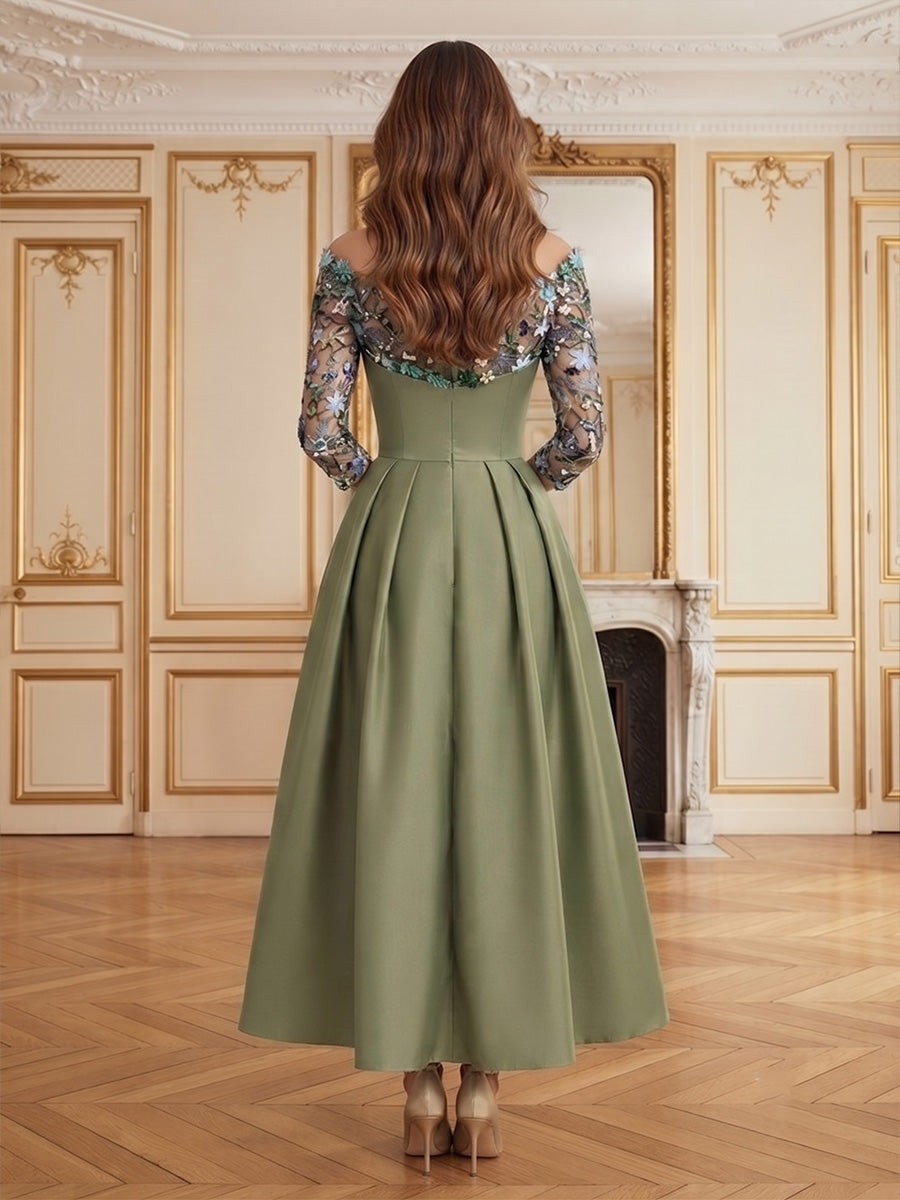 Satin A-Line/Princess Off Shoulder Tea-Length Cocktail Dresses with Floral Embroidery & Pleats