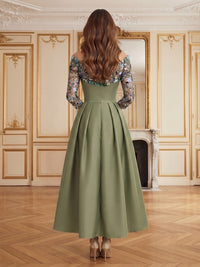 Satin A-Line/Princess Off Shoulder Tea-Length Cocktail Dresses with Floral Embroidery & Pleats