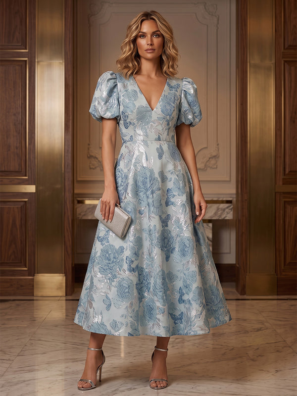 Jacquard A-Line/Princess V-Neck Tea-Length Cocktail Dresses for Women