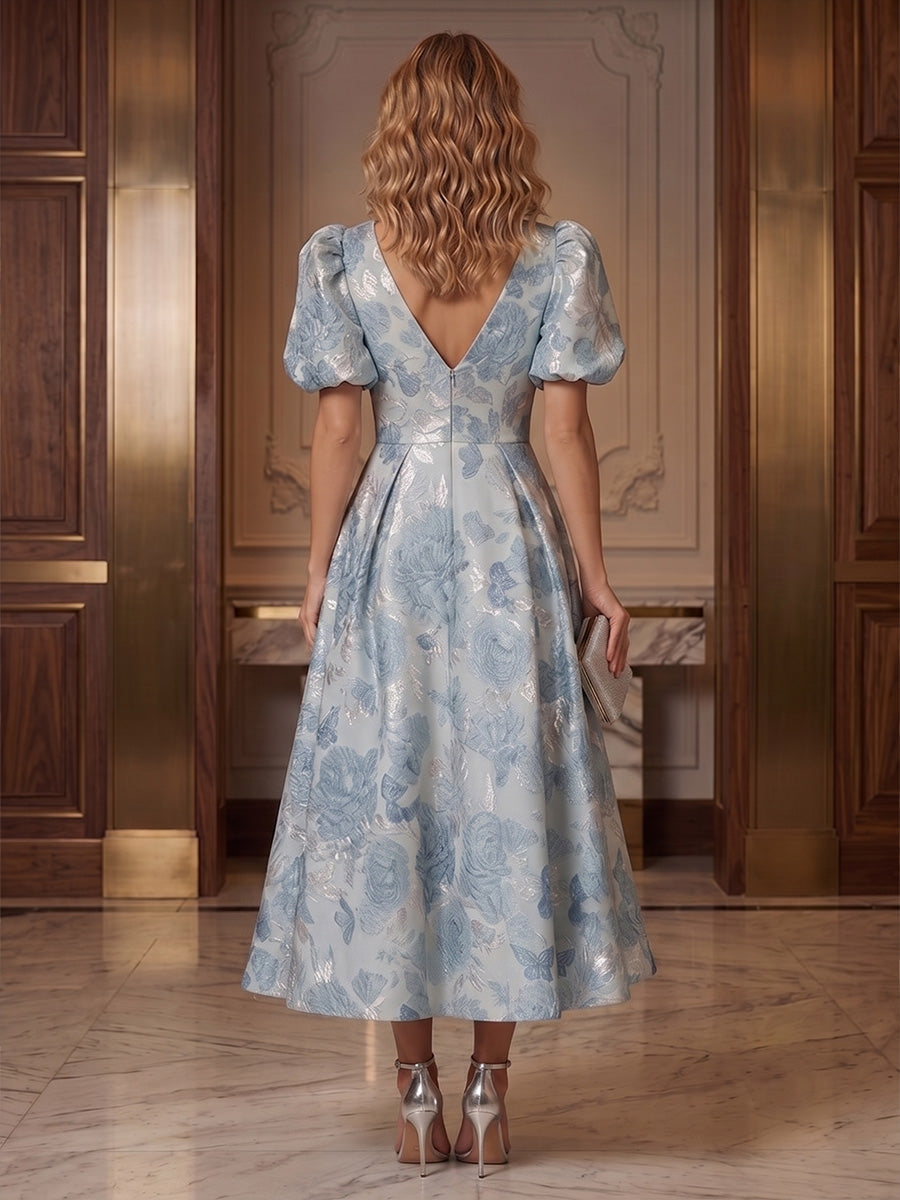 Jacquard A-Line/Princess V-Neck Tea-Length Cocktail Dresses for Women