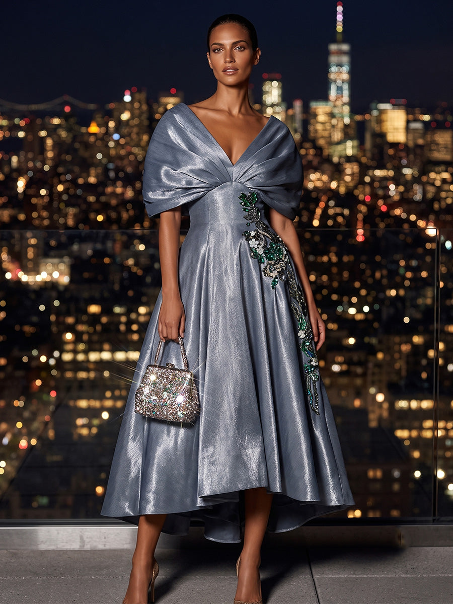 Metallic Satin A-Line/Princess Off Shoulder High-Low Cocktail Dresses with Rhinestones & Pleats