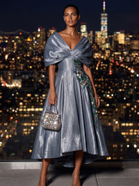 Metallic Satin A-Line/Princess Off Shoulder High-Low Cocktail Dresses with Rhinestones & Pleats