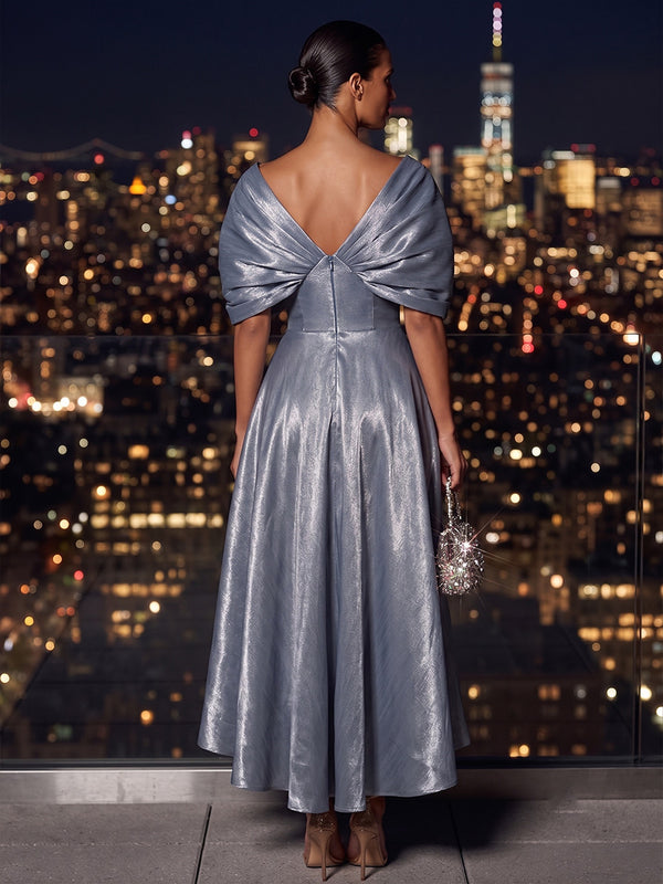 Metallic Satin A-Line/Princess Off Shoulder High-Low Cocktail Dresses with Rhinestones & Pleats