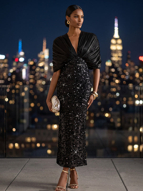Sequin Sheath/Column V-Neck Tea-Length Cocktail Dresses with Ruched Bodice