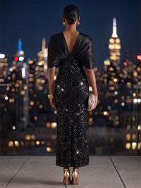 Sequin Sheath/Column V-Neck Tea-Length Cocktail Dresses with Ruched Bodice