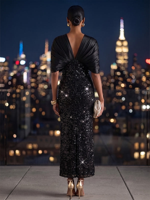 Sequin Sheath/Column V-Neck Tea-Length Cocktail Dresses with Ruched Bodice