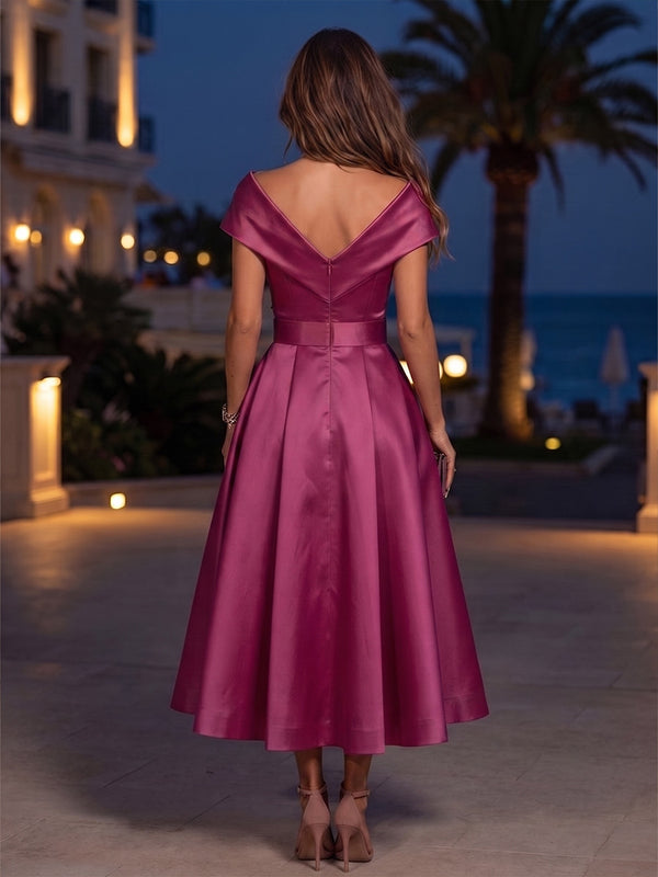 Satin A-Line/Princess Off Shoulder Tea-Length Cocktail Dresses with Belt & Pockets
