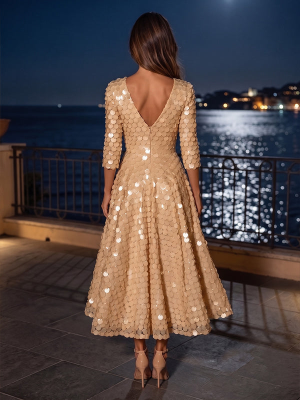 Sequin A-Line/Princess V-Neck Tea-Length Cocktail Dresses with Pleats