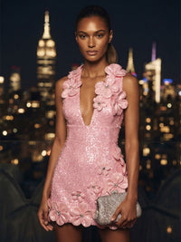 Sequin Bodycon V-Neck Mini Cocktail Dresses with 3D Flowers