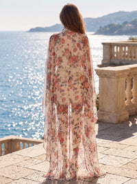 Floral Print Bodycon High Neck Mini Cocktail Dresses with Chiffon Cape