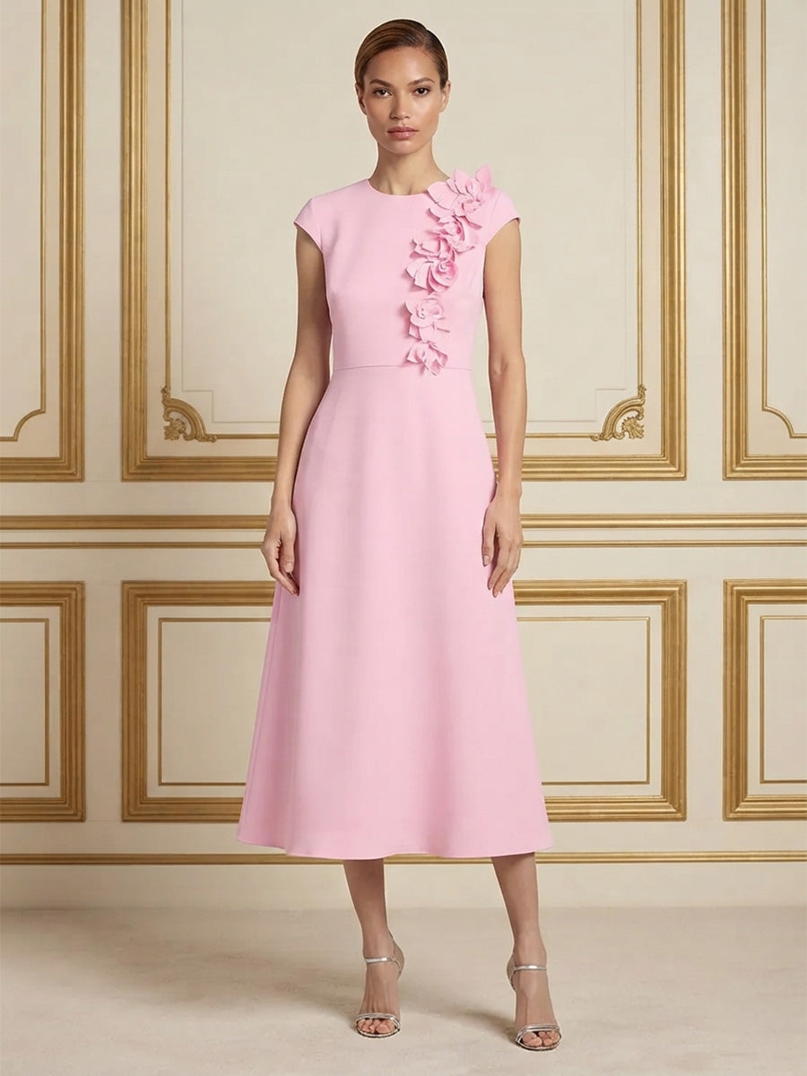 Stretch Jersey A-Line/Princess Scoop Neck Tea-Length Cocktail Dresses with 3D Flowers