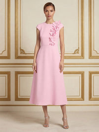 Stretch Jersey A-Line/Princess Scoop Neck Tea-Length Cocktail Dresses with 3D Flowers
