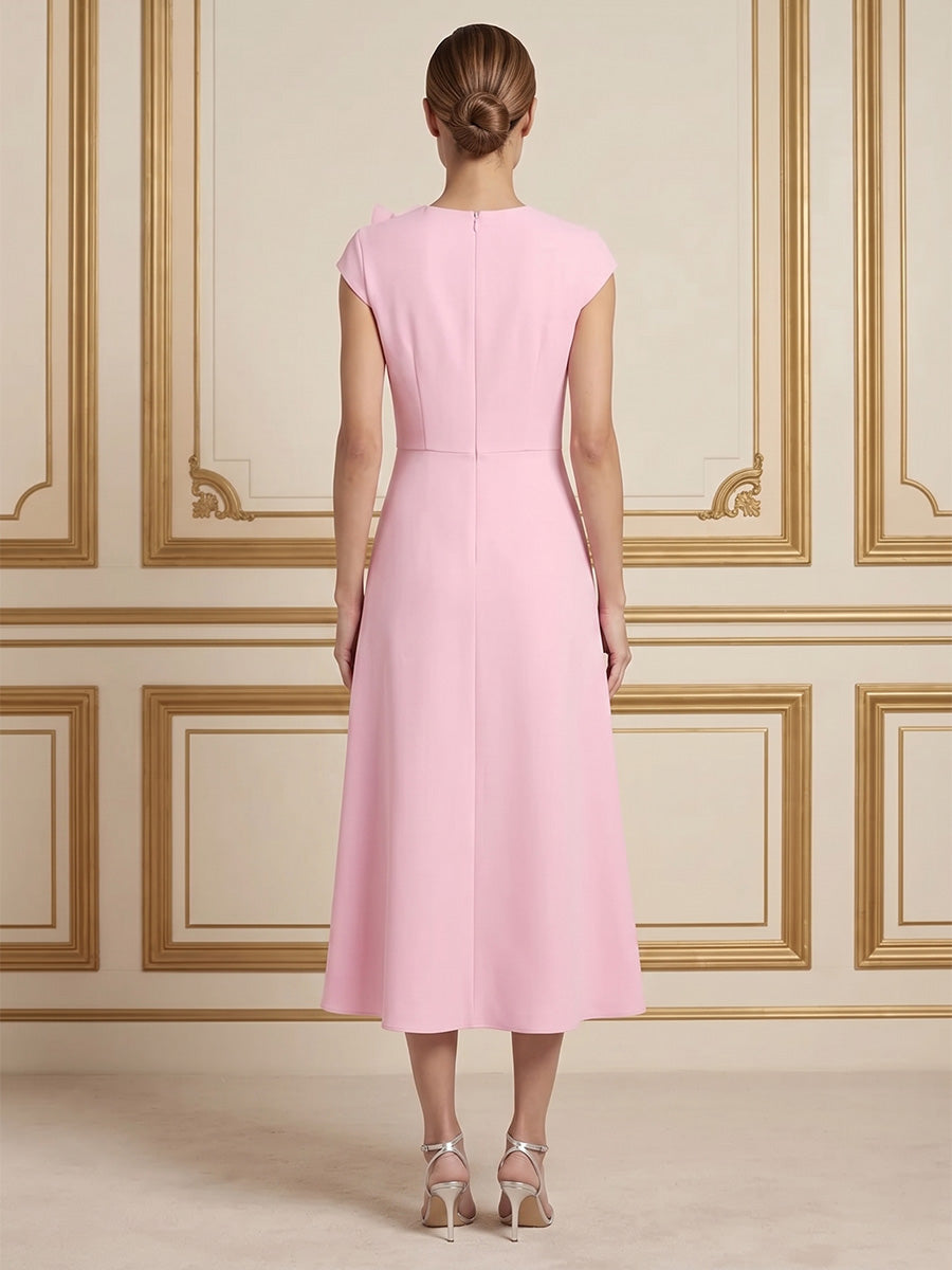 Stretch Jersey A-Line/Princess Scoop Neck Tea-Length Cocktail Dresses with 3D Flowers