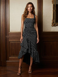 Satin Mermaid/Trumpet Square Neck High-Low Cocktail Dresses with Polka Dot Print & Ruffles