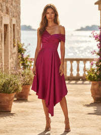 Satin A-Line/Princess Off Shoulder Tea-Length Cocktail Dresses with Pleats