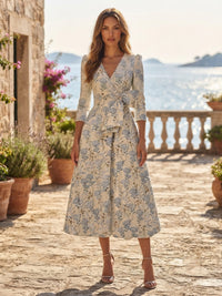 Jacquard A-Line/Princess V-Neck Tea-Length Cocktail Dresses with Ruched Waist