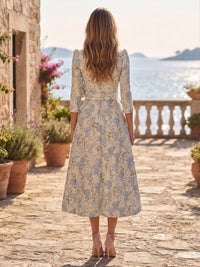 Jacquard A-Line/Princess V-Neck Tea-Length Cocktail Dresses with Ruched Waist