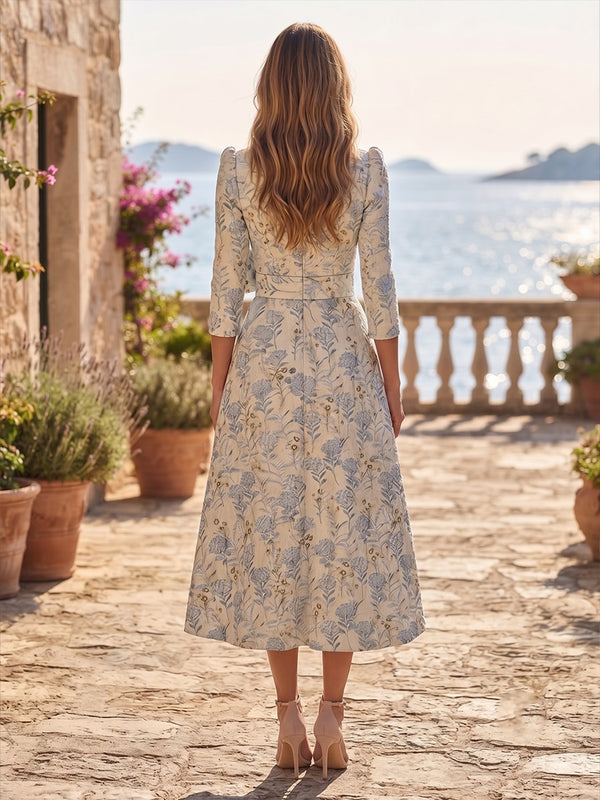 Jacquard A-Line/Princess V-Neck Tea-Length Cocktail Dresses with Ruched Waist