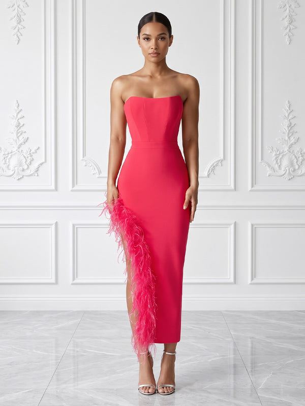 Stretch Jersey Sheath/Column Strapless Tea-Length Cocktail Dresses with Feather Trim
