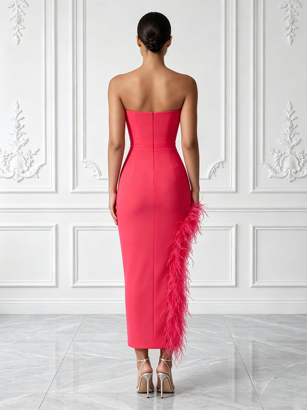 Stretch Jersey Sheath/Column Strapless Tea-Length Cocktail Dresses with Feather Trim