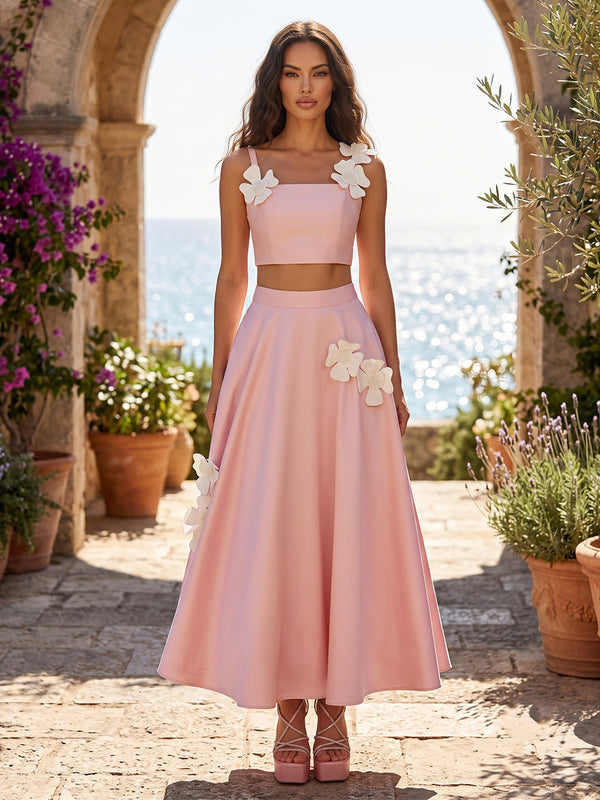 Satin A-Line/Princess Spaghetti Straps Tea-Length Cocktail Dresses with 3D Flowers & Pleats