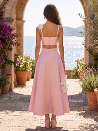 Satin A-Line/Princess Spaghetti Straps Tea-Length Cocktail Dresses with 3D Flowers & Pleats