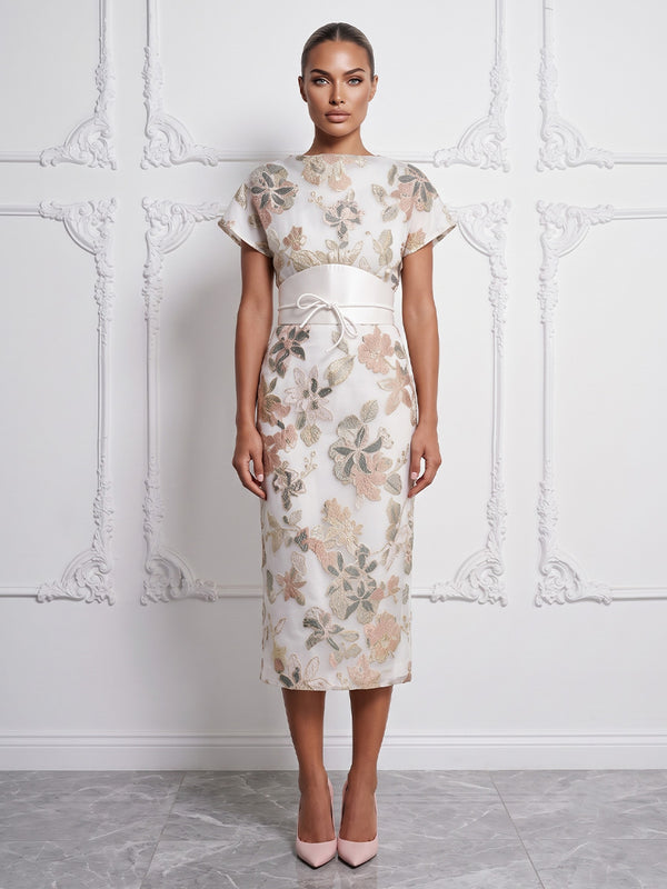 Jacquard Sheath/Column Scoop Neck Tea-Length Cocktail Dresses with Belt